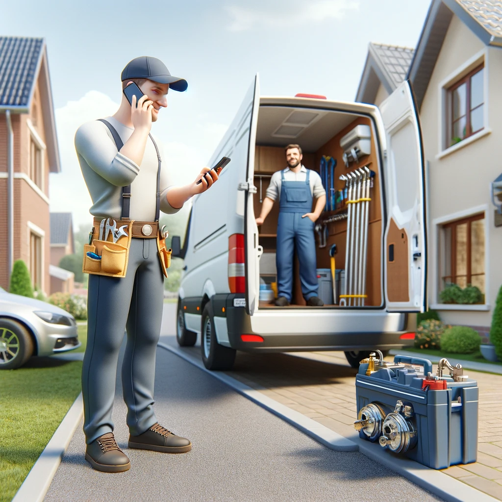 DALL·E 2024-06-10 00.00.09 - A realistic image showing a person contacting a plumber. The scene includes a person holding a phone and speaking with a professional plumber who is w